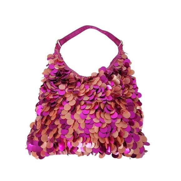 𝅺SATIN Handbag w/Fuschia & Peachy Pink Dangling Petals Hanging from Pink Beads - Picture 1 of 7